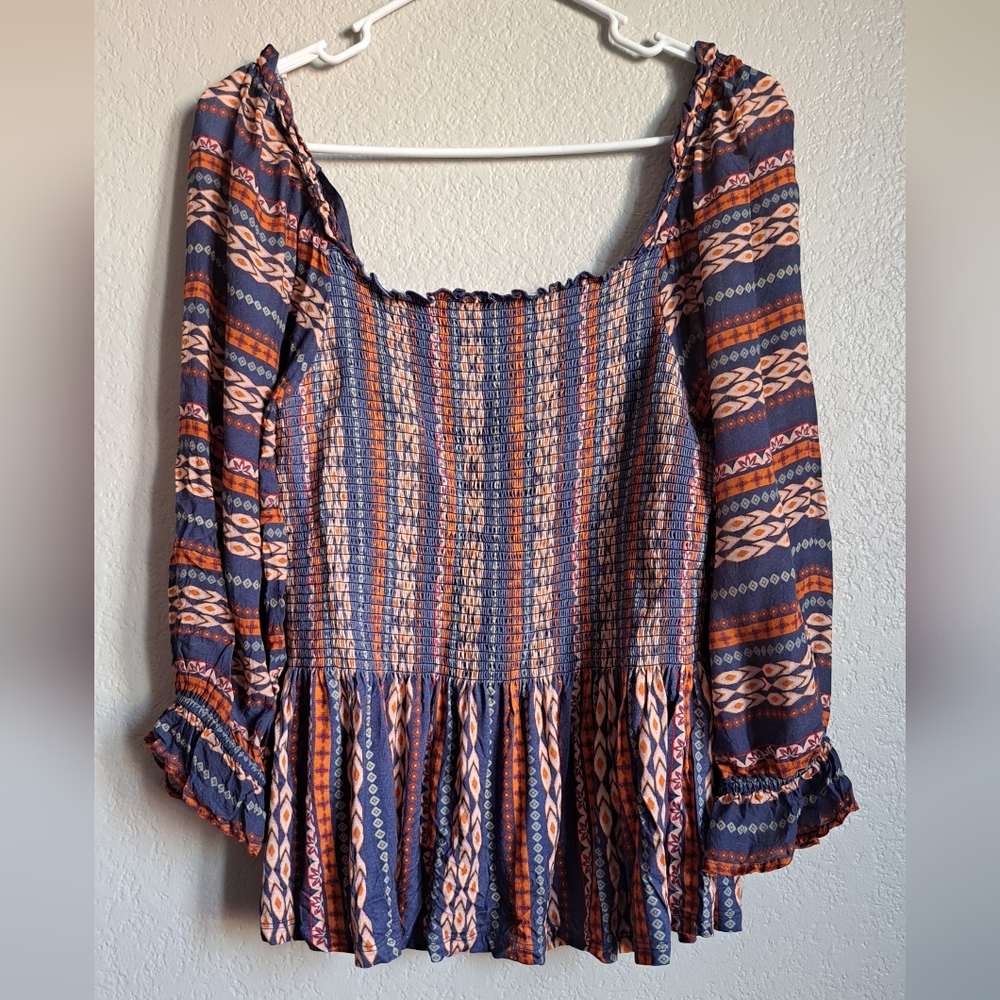 Boho Western Southwestern Print Smocked Longsleeve Top Size Medium